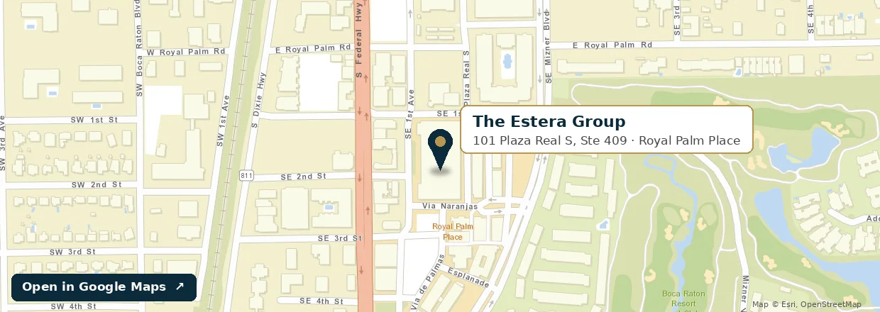 Map: The Estera Group, 101 Plaza Real S, Ste 409, Royal Palm Place, Boca Raton